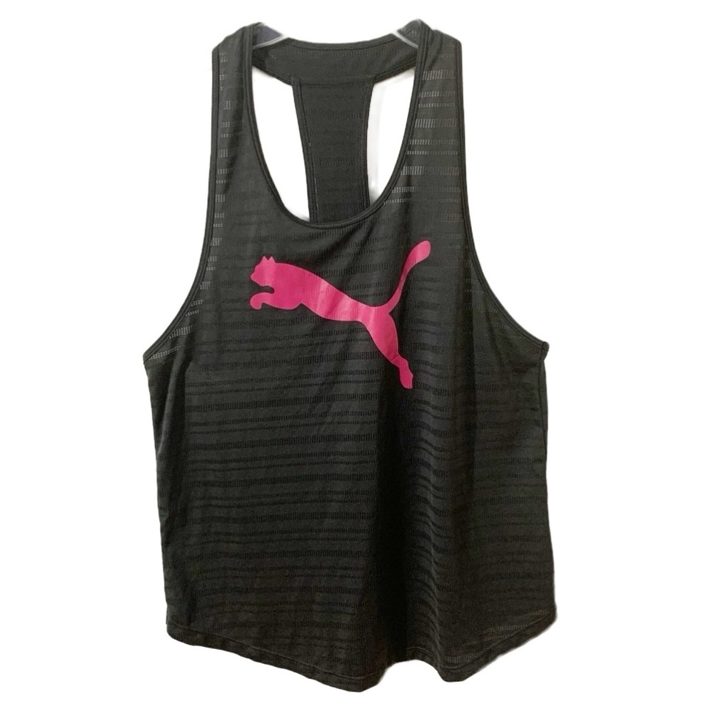 Puma Striped Racerback Scoop Neck Cat Branding Across Front Athletic Tank Top